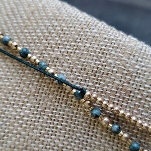 MULTI STRAND NECKLACE 31 INCH W 3 INCH EXTENSION GREEN AND GOLDTONE BEADS